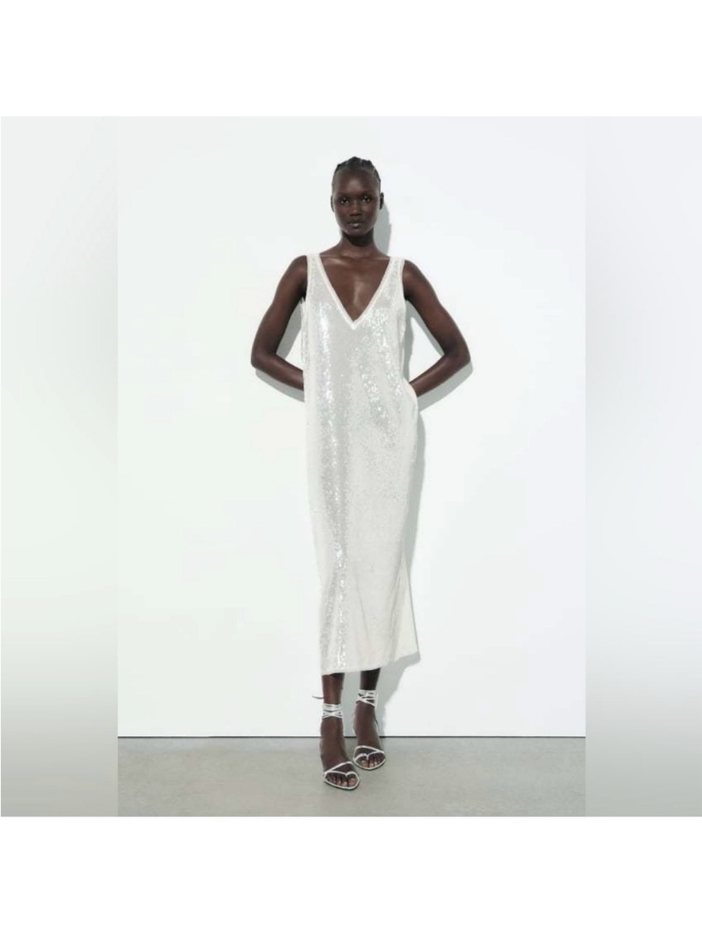 Zara White Sequin V‑Neck Midi Slip Dress